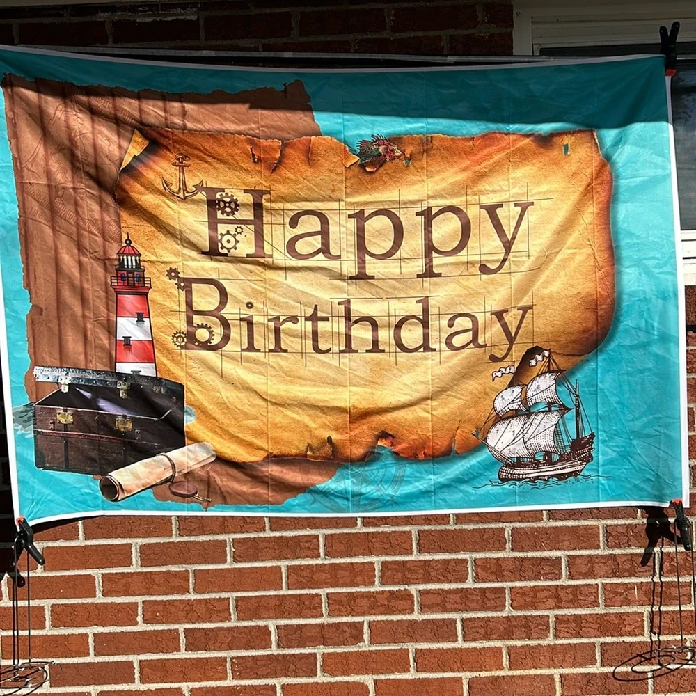 Pirate map happy birthday backdrop & jolly Roger flag, 3 x 5